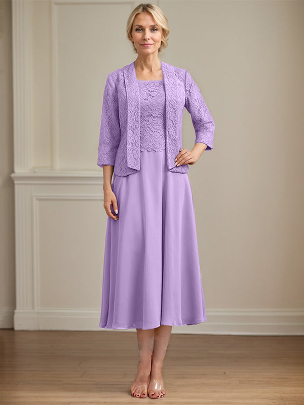 A-Linie U-Ausschnitt Wadenlang Chiffon-Kleid für die Brautmutter 