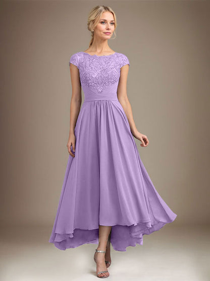 A-Linie U-Ausschnitt Illusion Asymmetrische Spitze Chiffon Mutter der Braut Kleid Mit Plissee 