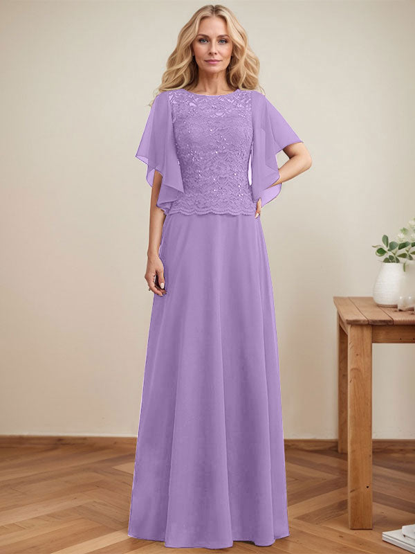 A-Linie, U-Ausschnitt, Illusion, bodenlanges Spitzen-Chiffon-Kleid für die Brautmutter mit Pailletten 