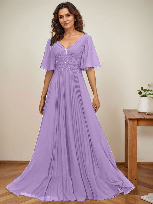 A-Linie V-Ausschnitt Bodenlang Chiffon Mutter der Braut Kleid Mit Pailletten Applikationen Spitze Plissee 