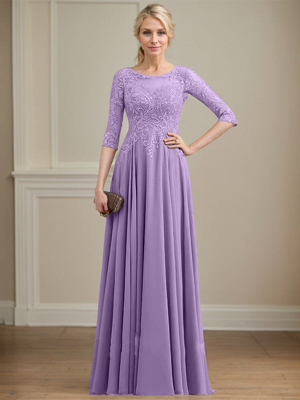 A-Linie, U-Ausschnitt, Illusion, bodenlanges Spitzen-Chiffon-Kleid für die Brautmutter mit Pailletten 