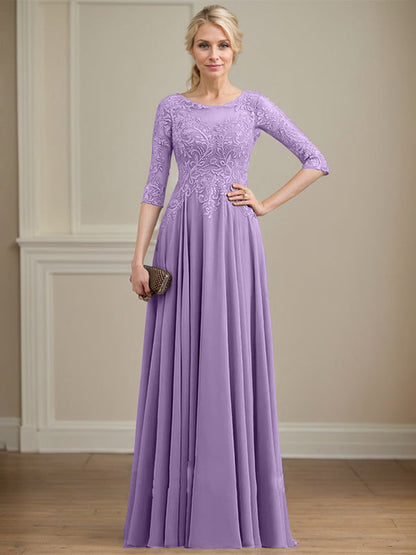 A-Linie, U-Ausschnitt, Illusion, bodenlanges Spitzen-Chiffon-Kleid für die Brautmutter mit Pailletten 