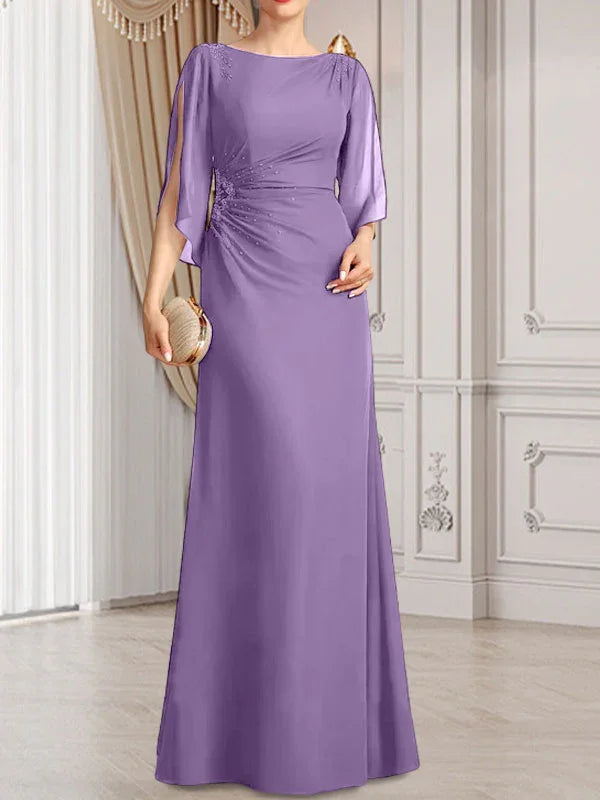 Vestido de madrina de novia de gasa largo hasta el suelo con corte columna y fajín plisado con cuentas