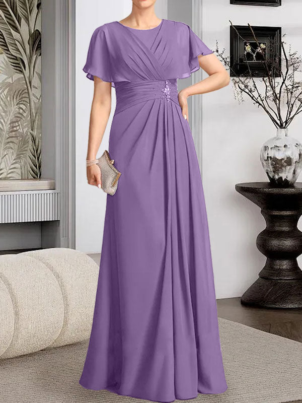 Robe de mère de la mariée en mousseline, longueur au sol, en ligne A, décolleté arrondi, ornée de perles plissées