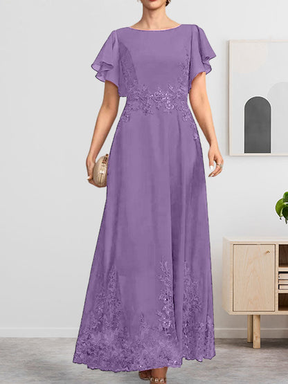 Vestido de gasa con encaje y lentejuelas para madre de la novia, corte A, escote redondo hasta los tobillos