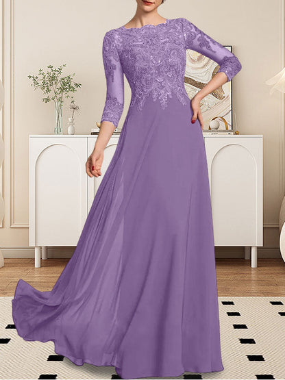 A-Linie U-Ausschnitt Bodenlang Spitzen-Chiffon-Kleid für die Brautmutter mit Pailletten