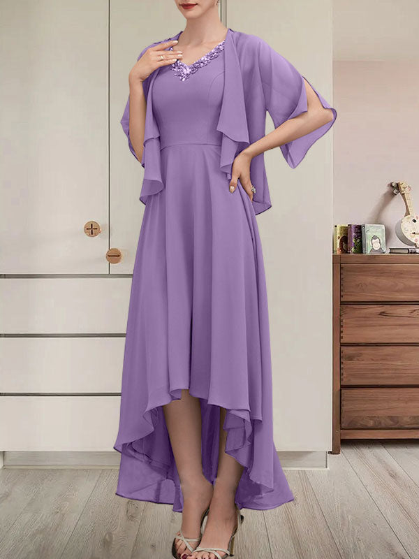 Vestido de gasa asimétrico para madre de la novia con escote en V, corte A y lentejuelas con abalorios