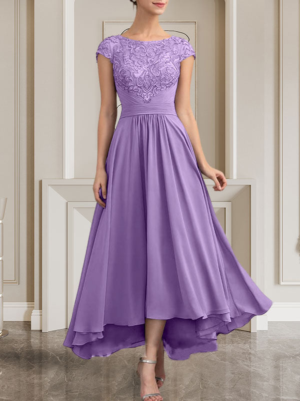 A-Linie U-Ausschnitt Bodenlang Spitzen-Chiffon-Kleid für die Brautmutter mit Pailletten