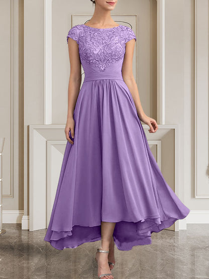 A-Linie U-Ausschnitt Bodenlang Spitzen-Chiffon-Kleid für die Brautmutter mit Pailletten