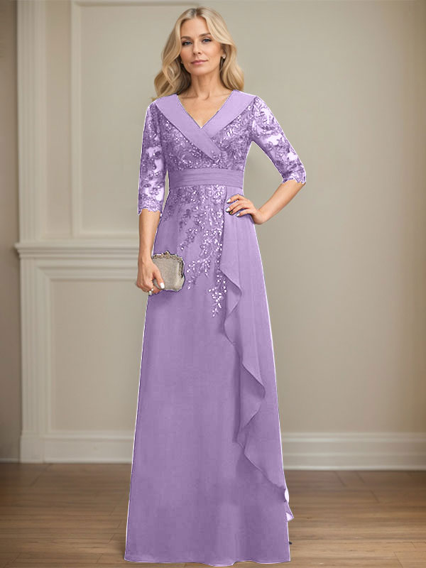 Robe de mère de la mariée en mousseline de soie à col en V, longueur au sol, ligne A, avec dentelle, paillettes et volants en cascade