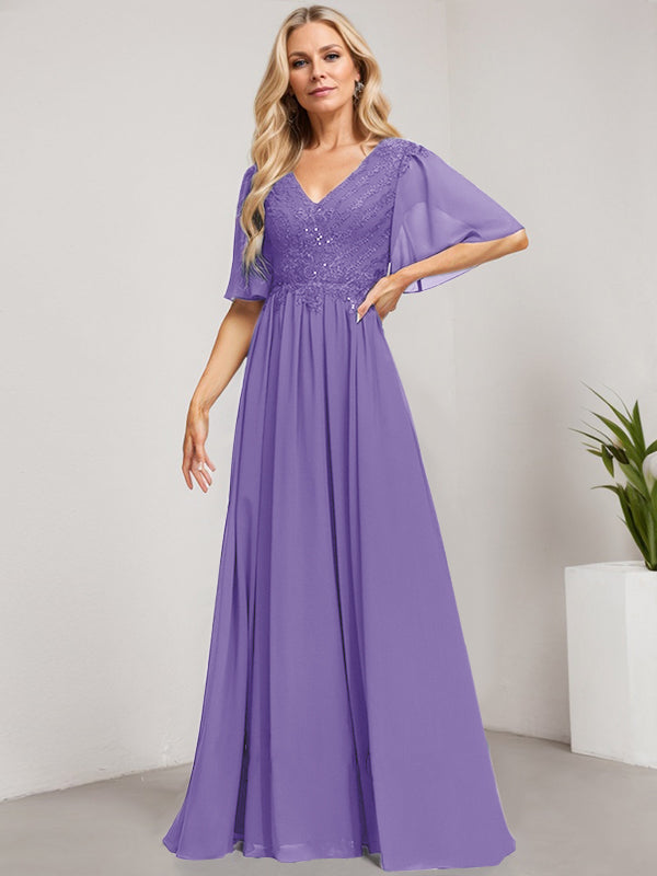 A-Linie V-Ausschnitt Bodenlanges Spitzen-Chiffon-Kleid für die Brautmutter mit Pailletten 
