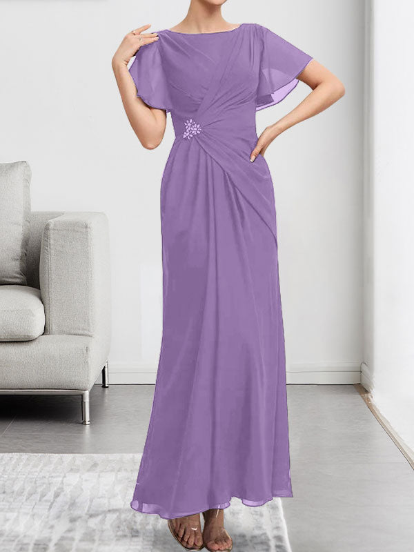 Robe de mère de la mariée en mousseline, longueur cheville, en ligne A, encolure dégagée, ornée de perles et plissée
