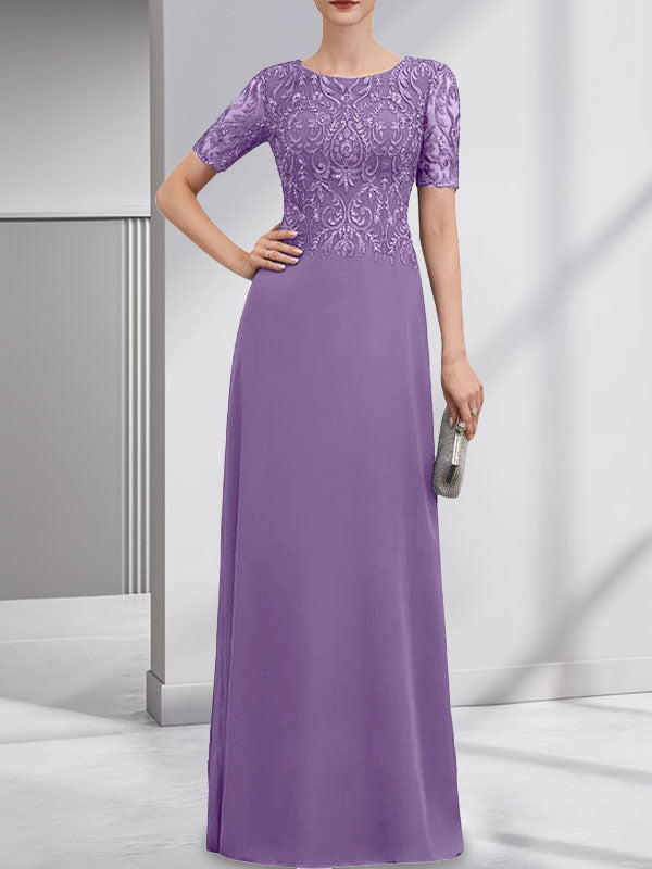 Robe de mère de la mariée en dentelle et mousseline, longueur au sol, en ligne A, décolleté en U, ornée de paillettes