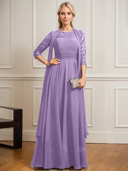 A-Linie U-Ausschnitt Illusion Bodenlang Spitze Chiffon Mutter der Braut Kleid Mit Plissee 