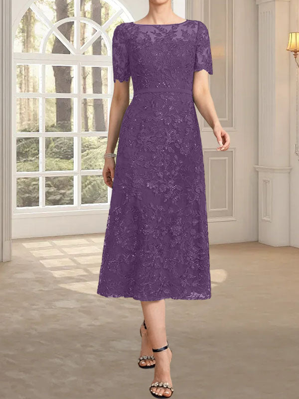 A-Linie, U-Ausschnitt, Illusion, knielang, Spitze, Kleid für die Brautmutter mit Pailletten