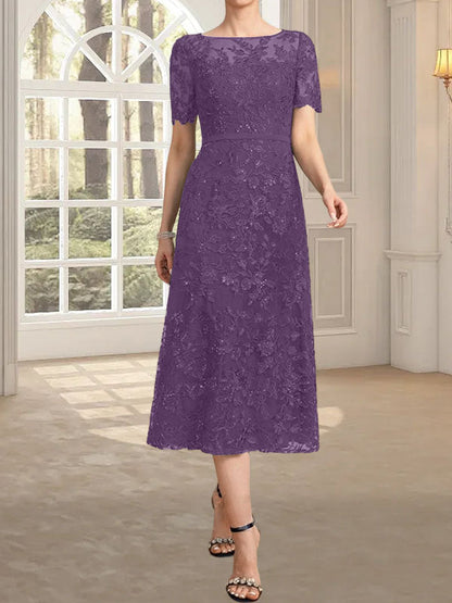 A-Linie, U-Ausschnitt, Illusion, knielang, Spitze, Kleid für die Brautmutter mit Pailletten