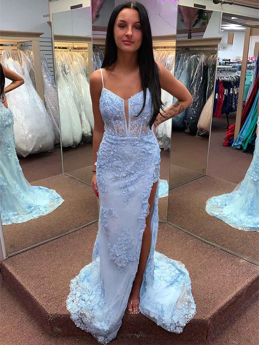Light Blue 3D Floral Lace Long Corset Prom Dress