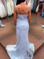 Light Blue 3D Floral Lace Long Corset Prom Dress