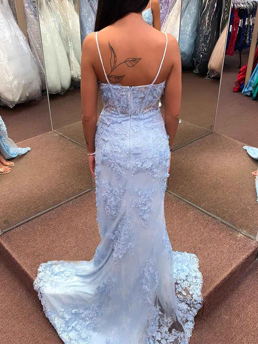 Light Blue 3D Floral Lace Long Corset Prom Dress