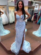 Light Blue 3D Floral Lace Long Corset Prom Dress