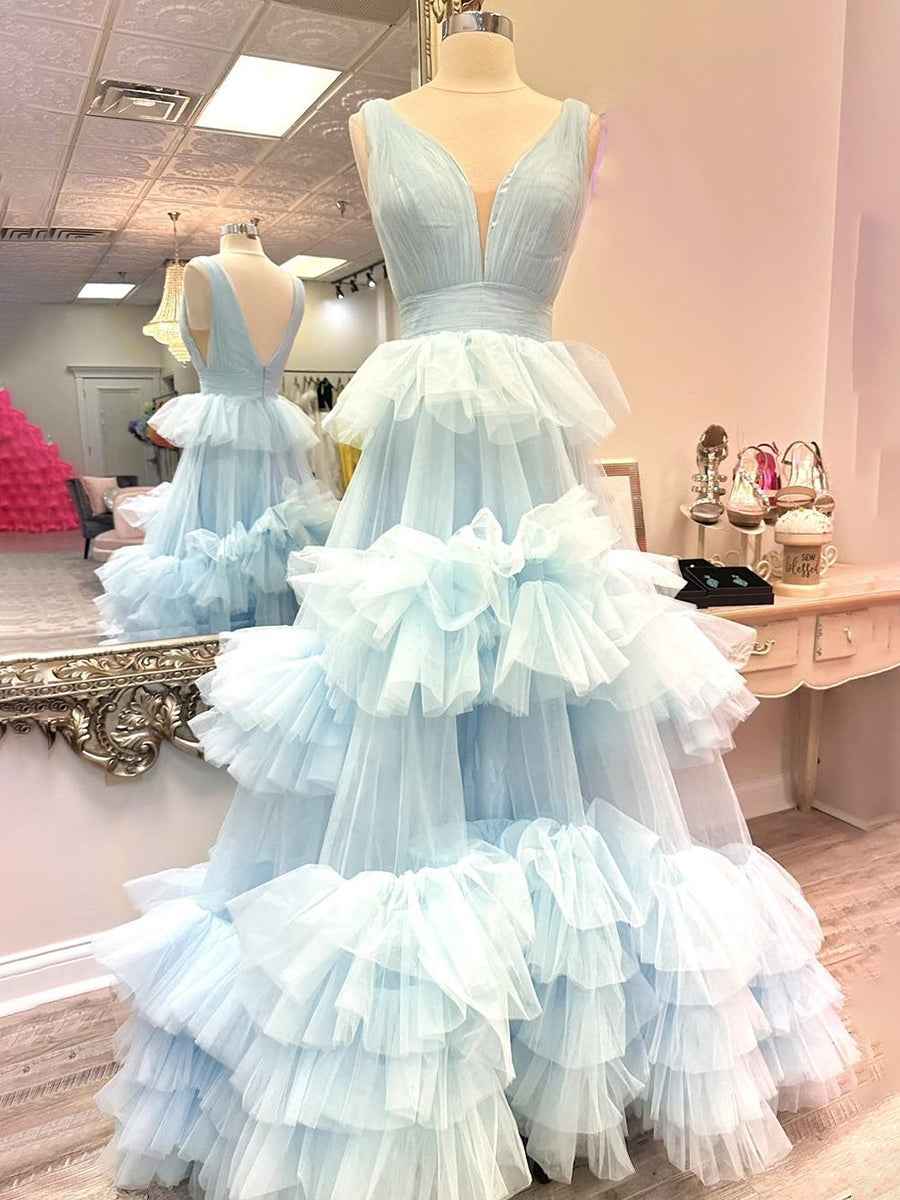 Elegant Light Blue A Line Tiered Tulle Prom Dress
