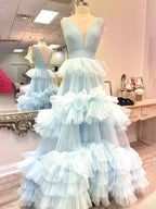 Elegant Light Blue A Line Tiered Tulle Prom Dress
