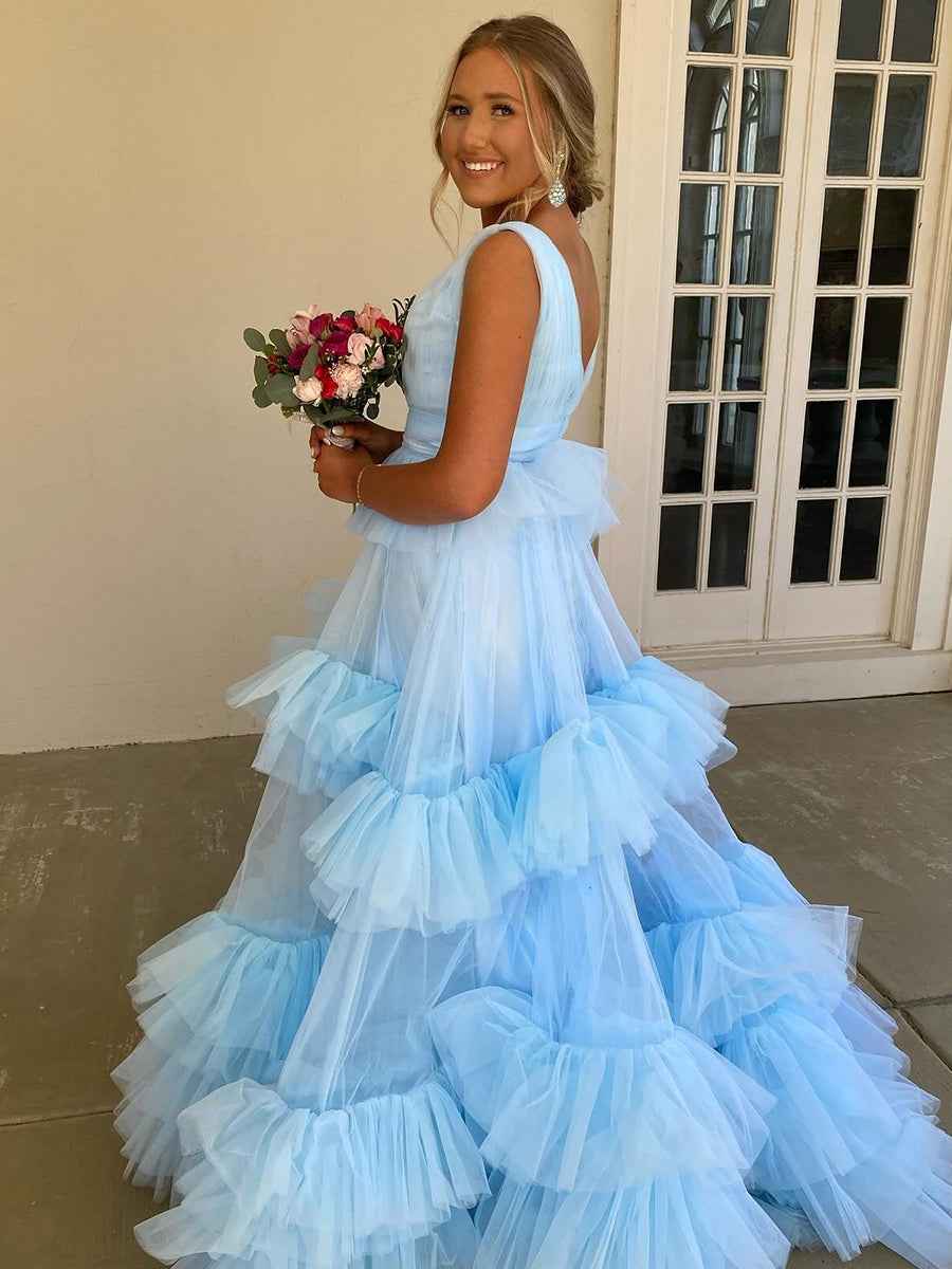 Elegant Light Blue A Line Tiered Tulle Prom Dress