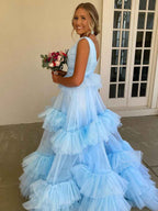 Elegant Light Blue A Line Tiered Tulle Prom Dress