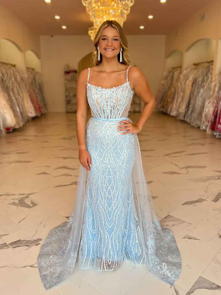 Light Blue Beaded Long Corset Prom Dress With Tulle Train
