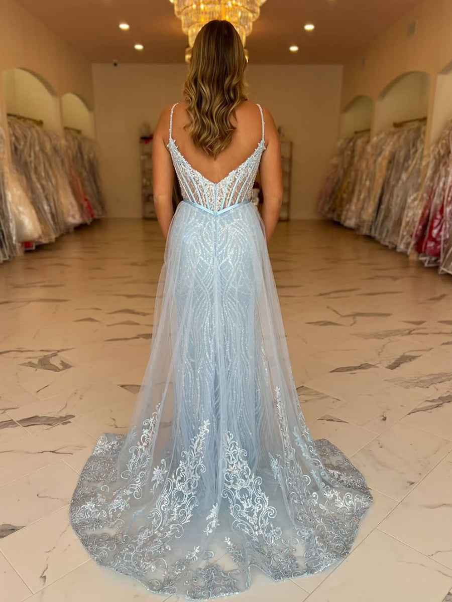 Light Blue Beaded Long Corset Prom Dress With Tulle Train