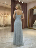 Light Blue Beaded Square Neck A Line Long Prom Dress