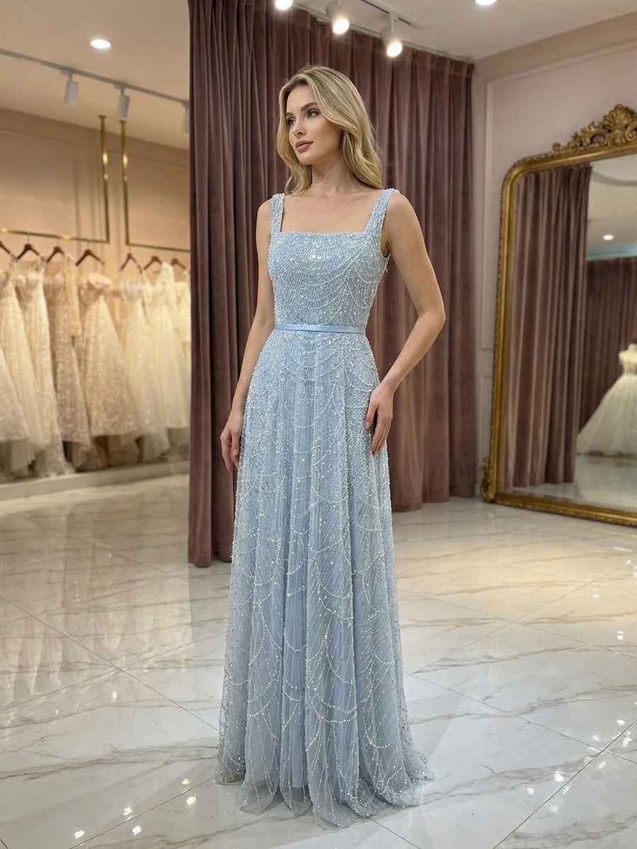 Light Blue Beaded Square Neck A Line Long Prom Dress