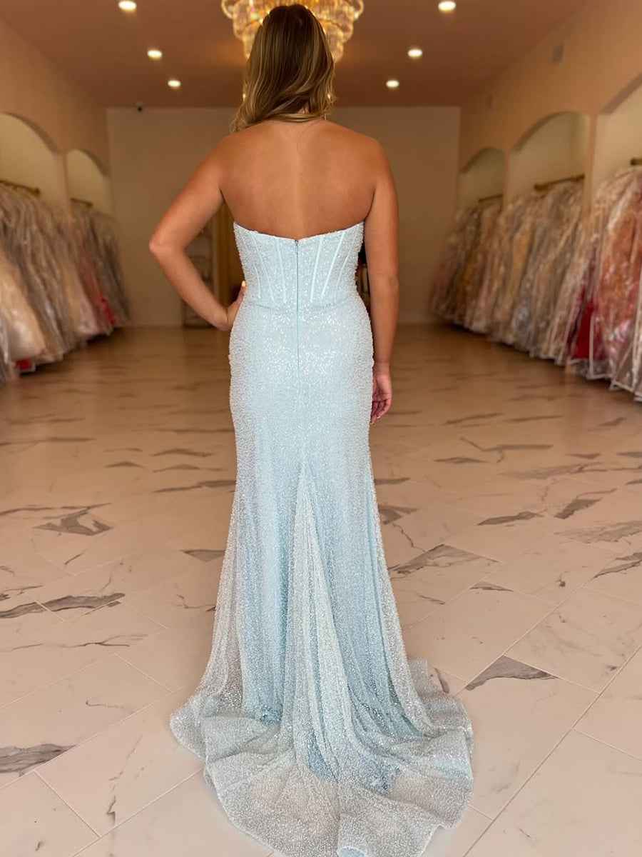 Light Blue Beaded Strapless Corset Prom Dress With Slit