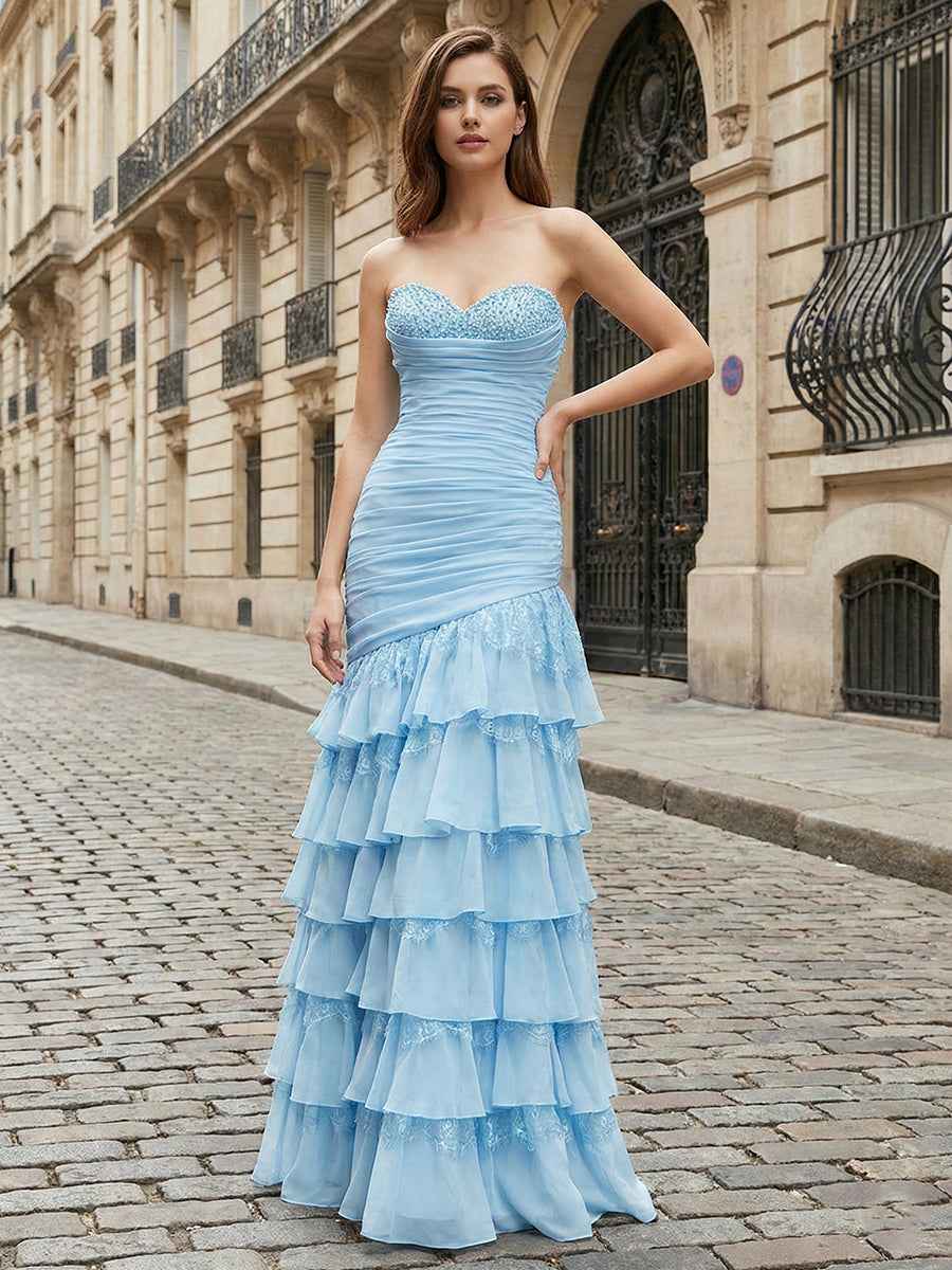 Light Blue Beaded Strapless Drop Waist Tiered Prom Dress With Slit
