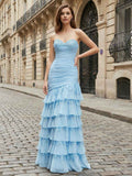 Light Blue Beaded Strapless Drop Waist Tiered Prom Dress With Slit