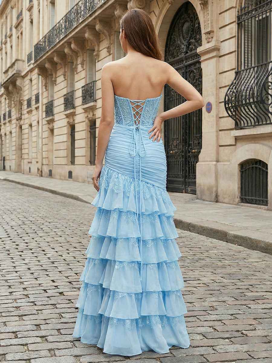 Light Blue Beaded Strapless Drop Waist Tiered Prom Dress With Slit
