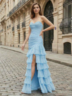 Light Blue Beaded Strapless Drop Waist Tiered Prom Dress With Slit