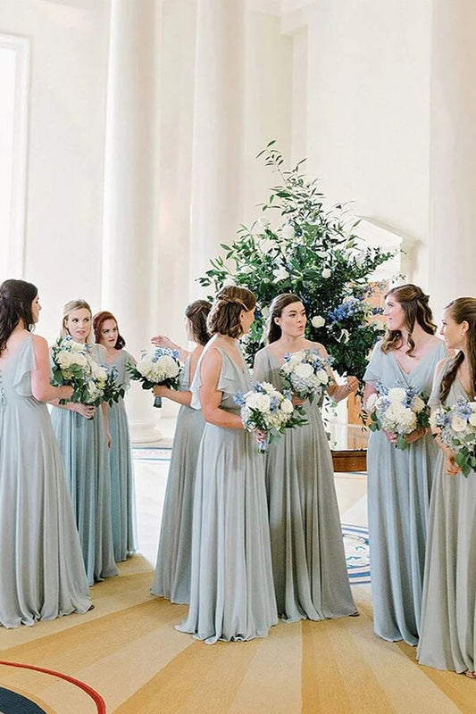 Light Blue Chiffon A-line V-neck Bridesmaid Dresses, Wedding Party Dress