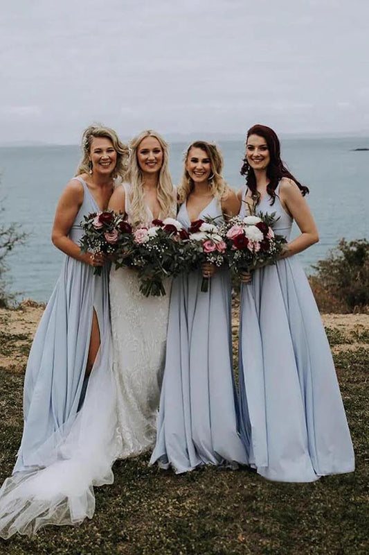 Light Blue Chiffon A-line V-neck Long Bridesmaid Dresses With Slit