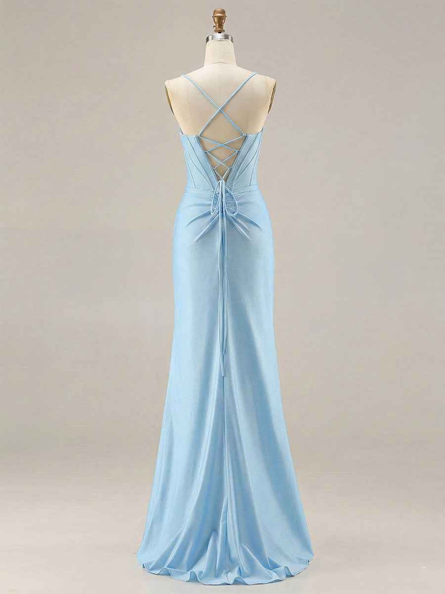 Sky Blue Crystal Trimmed Corset Prom Dress With Slit