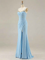 Sky Blue Crystal Trimmed Corset Prom Dress With Slit