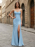 Sky Blue Crystal Trimmed Corset Prom Dress With Slit