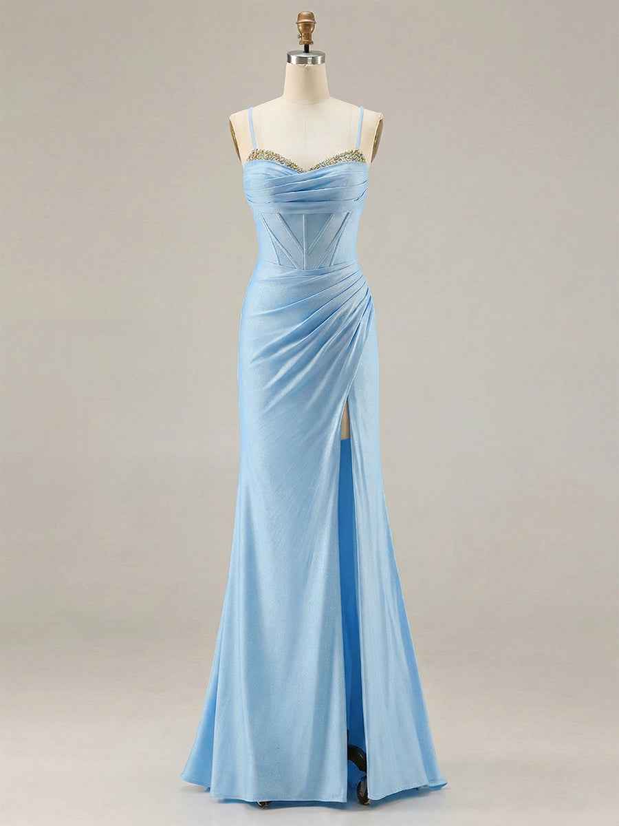 Sky Blue Crystal Trimmed Corset Prom Dress With Slit