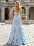 Light Blue Floral Applique Corset A-Line Prom Dress With Slit And Sweetheart Neckline