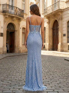 Light Blue Floral Beaded Lattice Corset Prom Dress With Slit