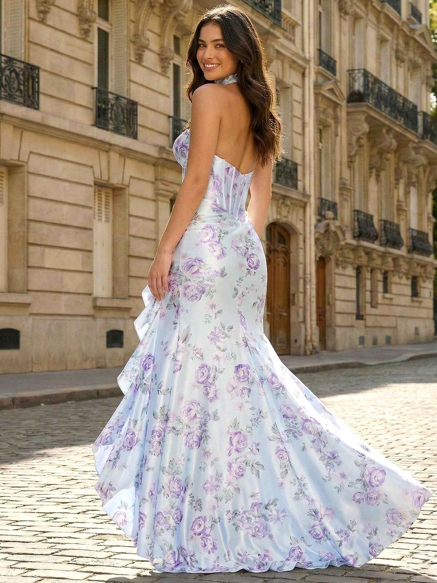 Light Blue Floral Satin Sweetheart Corset High-Low Prom Dress