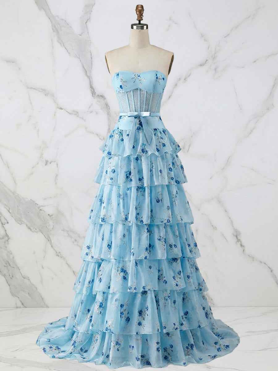 Light Blue Floral Strapless Tiered Corset Prom Dress With Sweetheart Neckline