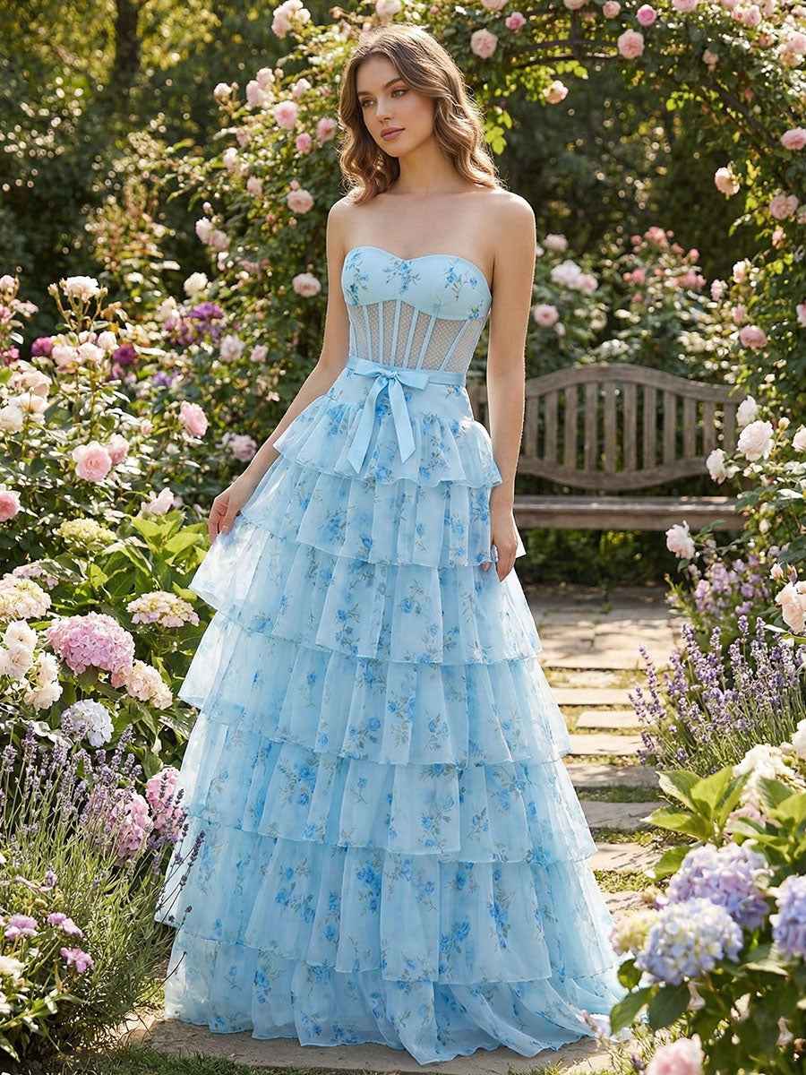 Light Blue Floral Strapless Tiered Corset Prom Dress With Sweetheart Neckline