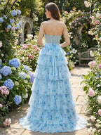 Light Blue Floral Strapless Tiered Corset Prom Dress With Sweetheart Neckline