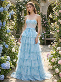 Light Blue Floral Strapless Tiered Corset Prom Dress With Sweetheart Neckline